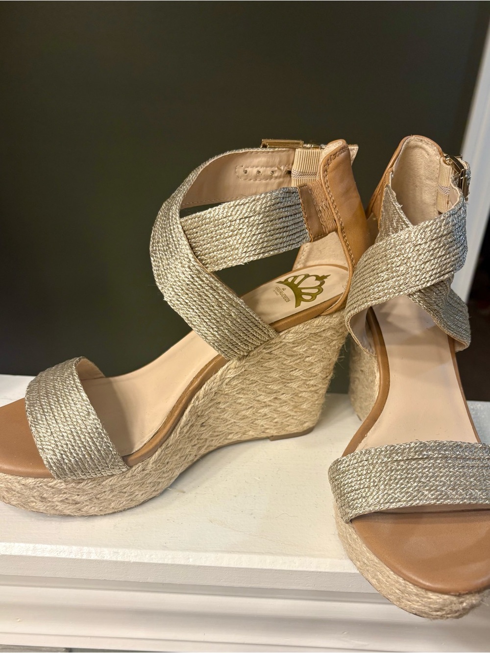 Fergalicious Metallic Gold Woven Espadrille Wedge Sandals
